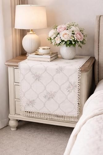 WWW.THROWPILLOW.IN Rosebud Trellis Charm Linen Print Crystal Bedside Table Runner 14x34 Inches | Fits Perfectly on 2 Feet Long Nightstand, Bed Table, Bedroom Side Table | Diwali Decor