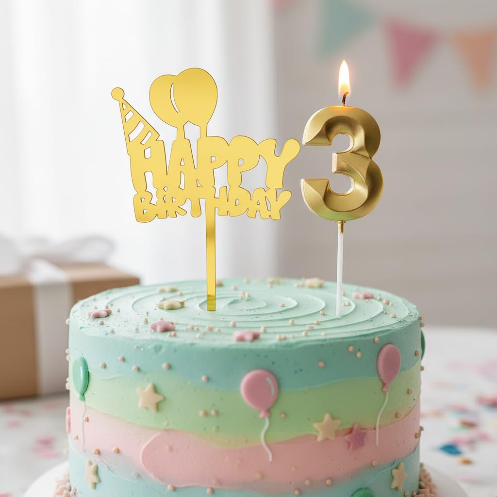 Number 3 Birthday Candle Gold Metallic Cake Topper Combo - Premium 3rd Birthday Party Decorations for Kids Toddler Celebration