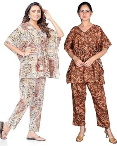Image of Vlazom Women's 100% Cotton Printed Kaftan & Pyjama Set - Combo Pack of 2 | Free Size Nightwear with Pocket | Soft Cotton Loungewear Co-ord for Women