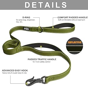 Fida 4 FT Heavy Duty Dog Leash with 2 Comfortable Padded Handles, Traffic Handle & Advanced Easy Snap Hook, Reflective Walking Lead for Large, Medium & Small Breed Dogs, Green