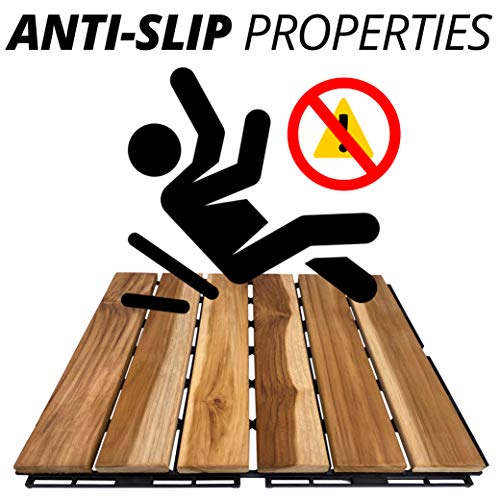 Mammoth Sustainably Sourced Solid Teak Wood Tools Free Assembly Interlocking Deck Tiles, Water Resistant Outdoor Patio Pavers or Composite Decking Flooring, Pack of 11 (11 SQFT) (Stripe)