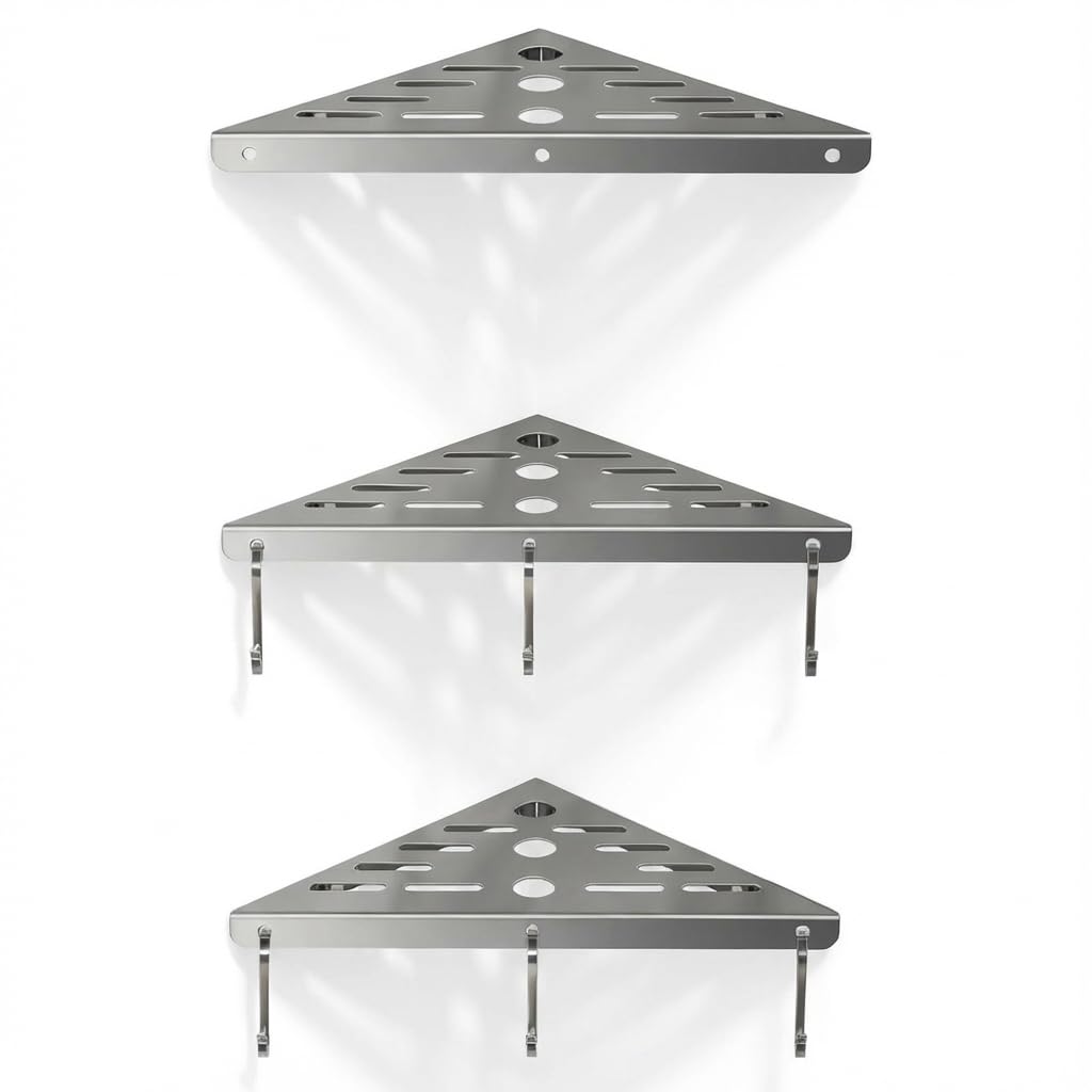 RHAEXBAXZ 304 Stainless Steel Corner Shower Shelf 3-Tier Bathroom Shelves with 6 Hooks 40 lbs Heavy Duty Capacity