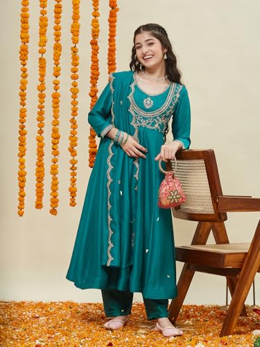 Image of Curly Tales Girls Embroidered Kurta Set with Dupatta | Festive Ethnic Wear for Girls | Stylish Suit Set for Weddings & Celebrations