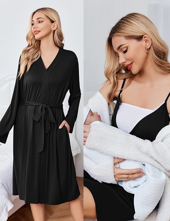 Ekouaer Maternity Nursing Gown and Robe Set Lace Nursing Nightgown for Breastfeeding Labor Delivery gowns for Hospital - Image 4
