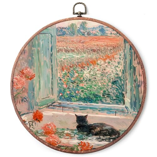 Image of IDUXIY Vintage Black Cat Wall Art Decor, Black Cat Floral Garden Canvas Print Round Wall Hanging Decor, Framed, 10x10 Inch.(067)