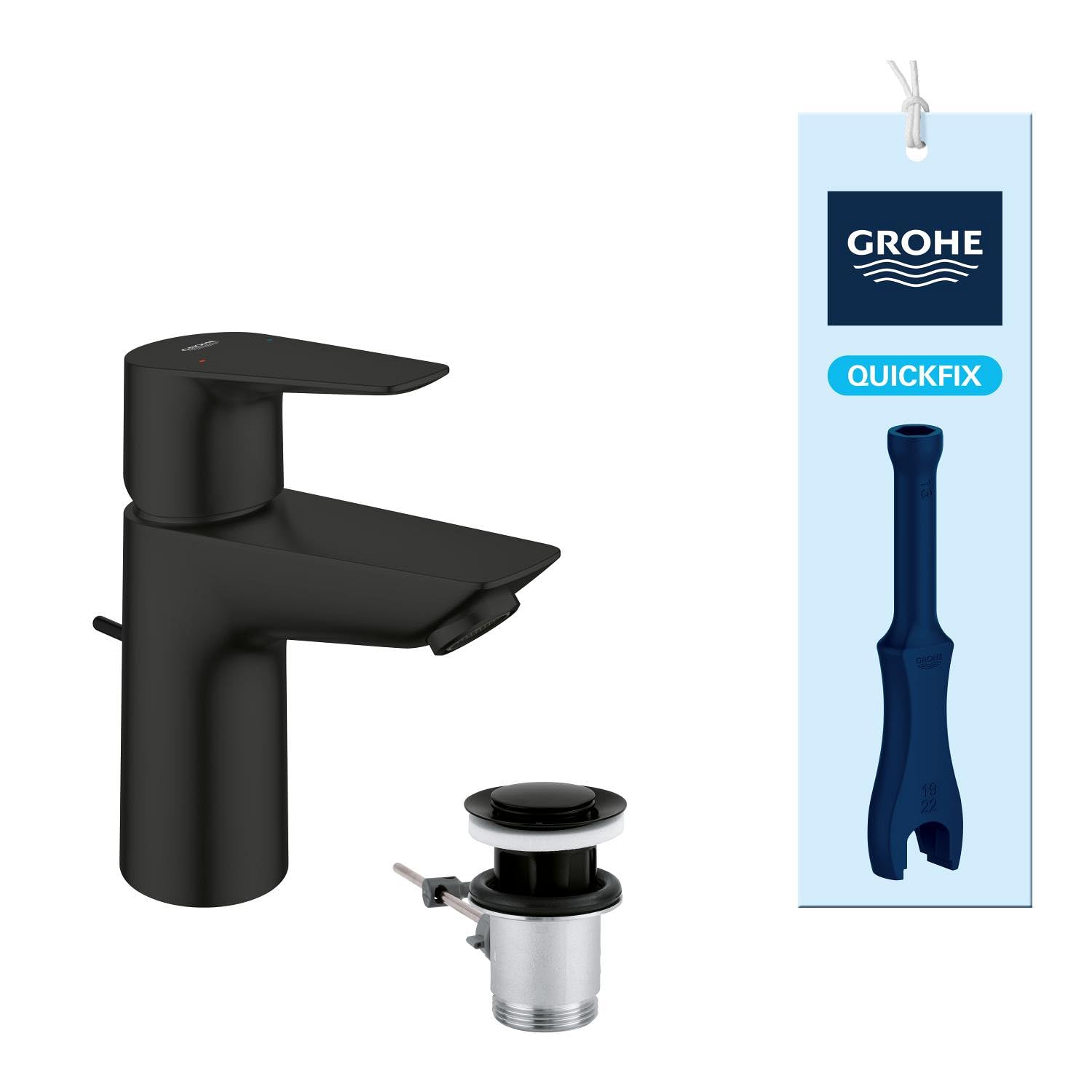 GROHE Start Edge QuickFix - Grifo de lavabo con desagüe Pop-Up, Talla S, cartucho cerámico 28mm, ahorro de agua, latiguillos 3/8", QuickTool incluida, Negro Mate, 233422431