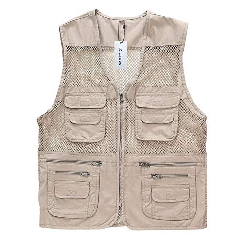 Rizanee Unisex Mesh Breathable Fishing Vest, Multi-Pockets Photography Travel Hiking Waistcoat Jacket for Adults and Youth (Beige, US S - TAG L)