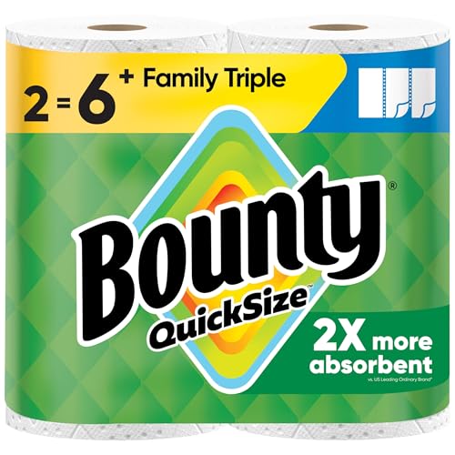 Bounty Paper Towels Quick Size, White, 2 Family Triple Rolls = 6+ Regular Rolls
