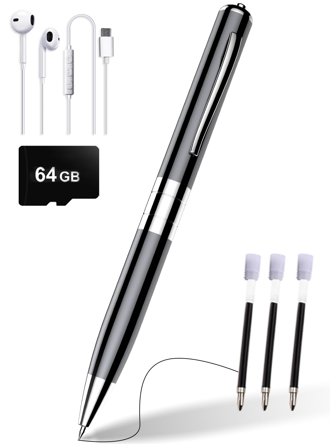 Dictaphone numérique 64 Go - Enregistreur vocal - Enregistreur vocal avec fonction d'écriture - Enregistreur audio avec réduction du bruit - Pour les classes et réunions