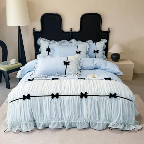 Ruffle Beddding Set with Bowtie,Chic Lace Bedding,Girls Twin Aesthetic Comforter Cover Set,Romantic French Princess Style Ruffled Duvet Cover with Lovely Bow with Zipper Closure