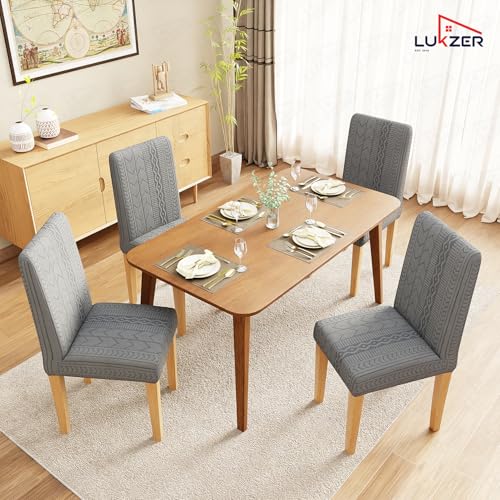 Image of Lukzer Elastic Dining Chair Cover - 2PC Pastel Dark Grey Zigzag | Textured High Stretch Jacquard Seat Cover | Removable Washable Short Dining Chair Cover Protector Seat Slipcover | (CC-077-02)
