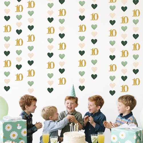 Image of Sage Green Gold 10th Birthday Decorations Sage Green Gold Heart Garland Streamer Banner Backdrop for Girls Happy 10th Birthday Double Digits I'm 10 Cheers to 10 Years Old Anniversary Party Supplies