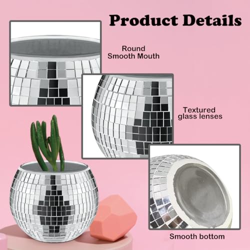 Image of Disco Ball Planter Silver Vase Set of 8,3 x 4 inch | Reflective Glass Surface Refracts Light,Multi Purpose Candle Holder and Centerpiece