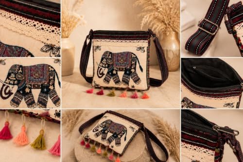 Image of Elephant Print Canvas Tote Bag for Women, Ethnic Shoulder Handbag with Multicolor Elephant Design, Dual Handle Everyday Carry Bag for Shopping, Office, College, Travel & Daily Use