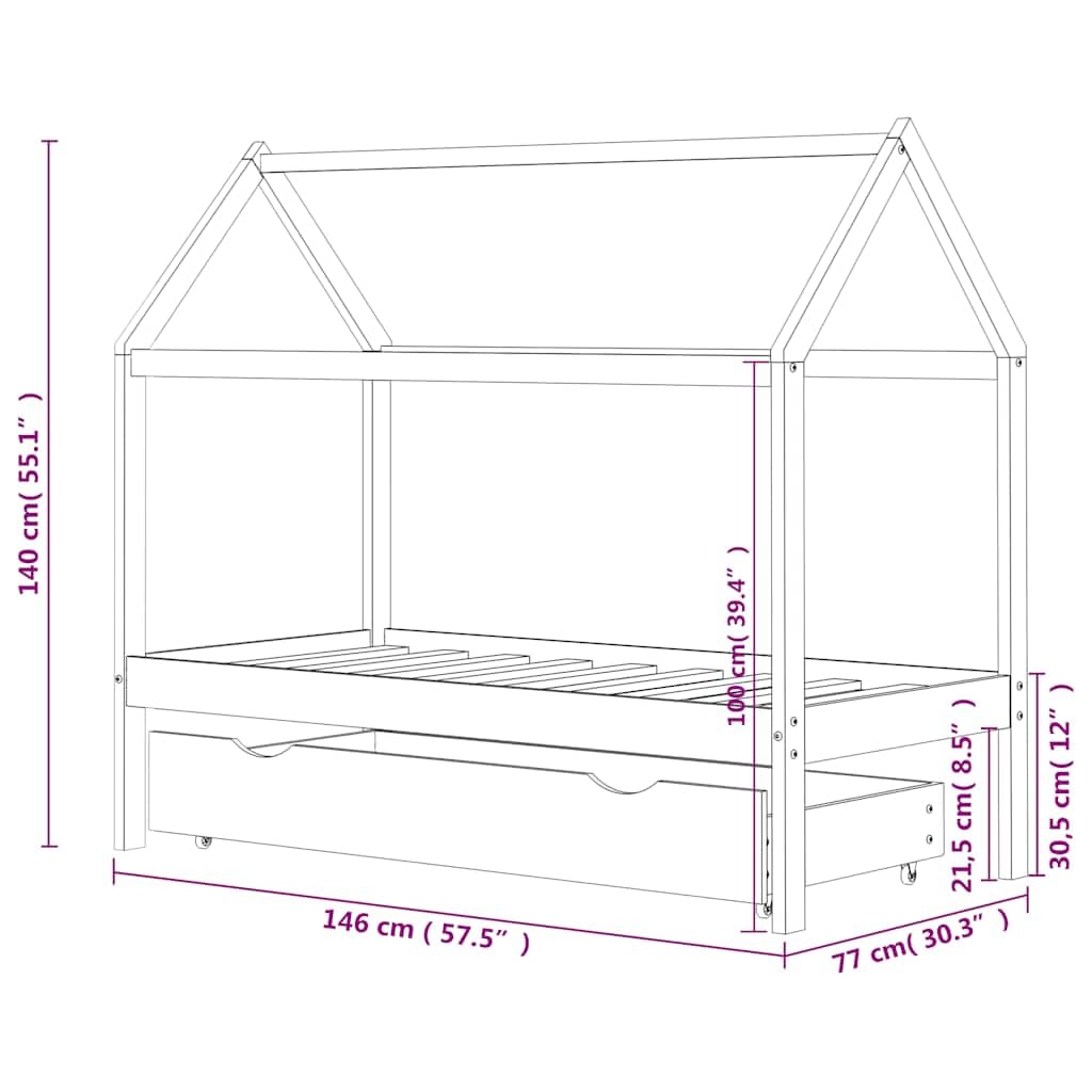 Kinderbett mit Schublade in Weiß aus Massivholz Kiefer 70x140 cm für Kleinkinder, stabiles Bettgestell mit Stauraum, höhenverstellbar, umbaubar, und Kinder