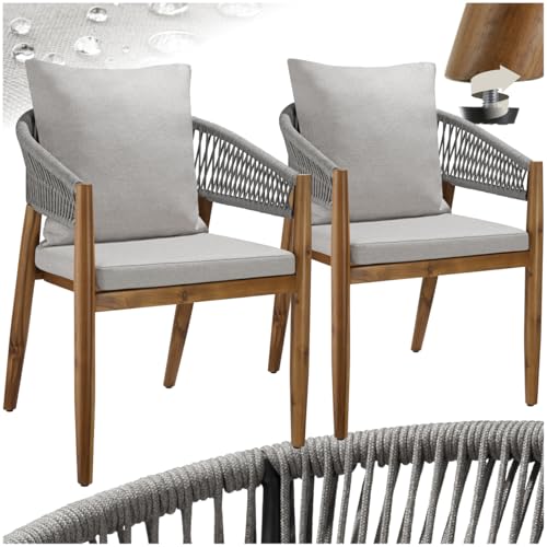 tectake® Silla de Jardín Elegante de Madera Acacia, Respaldo de Cuerda, Sillas Jardin Exterior, Cojines Desmontables, Muebles Terraza Exterior, Silla con Reposabrazos Cómoda - Set de 2 Beige Grisáceo