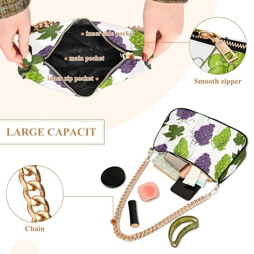 Zipper One Shoulder Purses Clusters Green Purple Grapes Vines Tote Handbag Pattern Womens Casual Hobo Purse with Chain Strap4