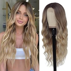 Long Ombre Blonde Wigs for Women 26 inch Long Wavy Middle Part Wig Ombre Blonde Wigs Upgraded Protein Fiber Hair Replacement Wig Cosplay Costume Halloween Wig(26” Brown Ombre Blonde)