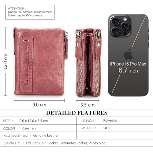 CONTACTS Soft Leather Wallet for Women Small Bifold Coin Purse Double Zipper Card Holder with RFID Blocking (Rose Tan)3