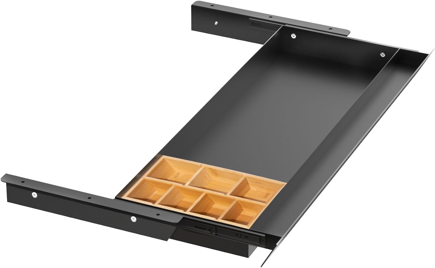 Large Under Desk Mounted Sliding Drawer with Bamboo Tray and 60 Degree Tilt Panel to Pull Out, 30'' Long & 13'' deep Large Storage Organizer for Sit Stand Workstation XXL With Bamboo Tray