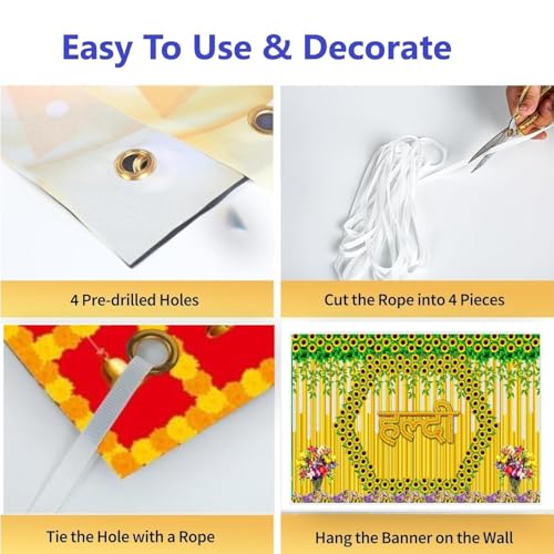 Image of DARSHANAM WORLD Wedding Decorative Cloth for Haldi & Mehndi Ceremony, Photoshoot, Haldi Background Enhancer for Mehndi Ceremony (8x5 ft, 3D Printed Backdrop with Floral & Logo Design) (Yellow)