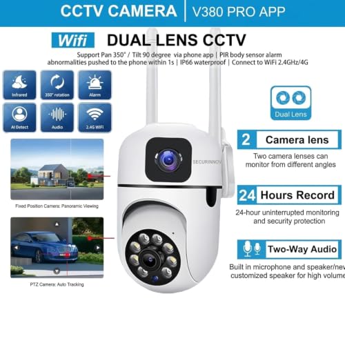 Image of securinnov 4+4MP Smart WiFi PTZ CCTV Camera for Home Outdoor | 360 View | Color Night Vision | Two Way Audio | Wireless Security Camera with Mobile App V380 Pro (Dual Lens Mini Dome)