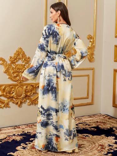 Image of Abaya for Women Floral Embroidered Muslim Dress V-Neck Arabian Maxi Robe