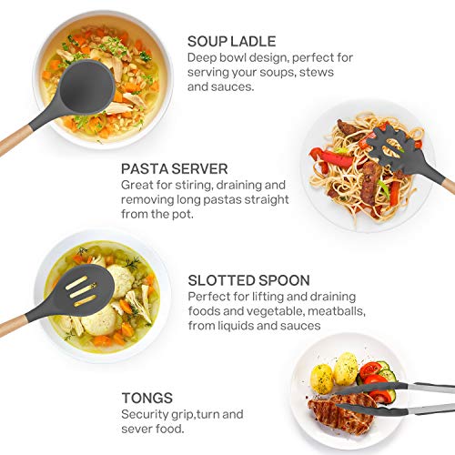 Duerer Silicone Kitchen Utensils Set with Holder, 12 Pcs Cooking Utensils Kit, Cooking Spatula Turner Heat Resistant Tools with Wooden Handle, Kitchen Gadgets Set for Nonstick Cookware (BPA FREE) - Thumbnail 5