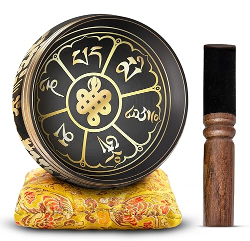 Image of Tibetan Singing Bowl Set - Hand Crafted With Wooden Mallet & Cushion For Yoga -Meditation-Sound Healing -Feng Shui -Reiki With Mantra Etching By Nepalese Craftsman-Ideal Gift