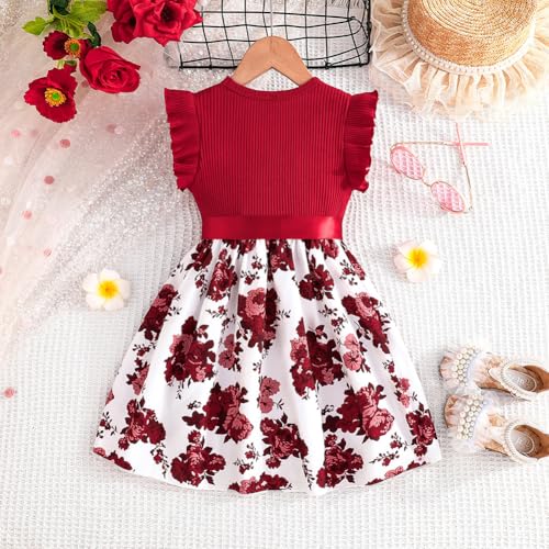 Valcatch Toddler Girls Floral Dress Ribbed Ruffle Sleeveless Casual Sundress Kids Summer Party Dress with Ribbon Belt 4-7 Y4