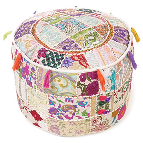 Eyes of India - 17 X 12 Small White Patchwork Round Pouf Pouffe Ottoman Cover Floor Seating Boho Chic Bohemian Accent Indian Handmade
