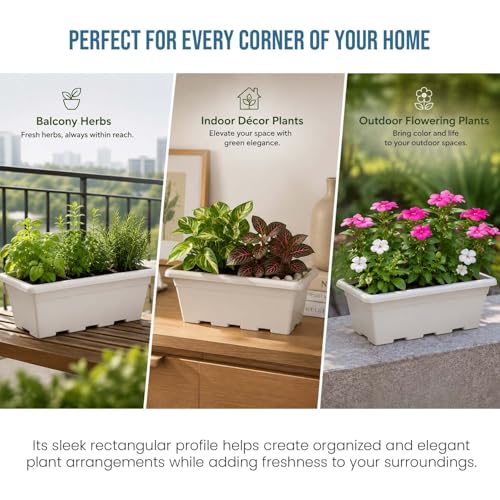 Image of Go Hooked Jupiter Window Planter Pot Pack of 12 | 24 Inch White Plastic Rectangular Plant Pot for Indoor Outdoor Gardening Balcony Terrace Decor | Large Decorative Flower Container L61 x W27 x H22 Cm