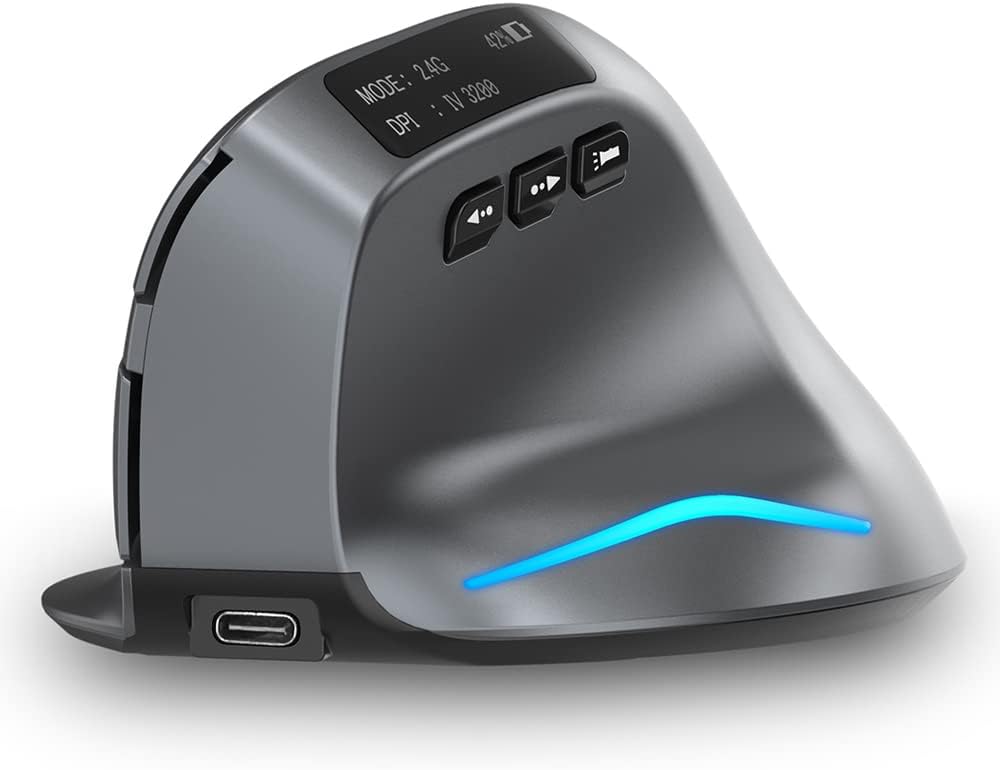 zelotes Bluetooth Wireless Mouse with Display,Rechargeable,3200DPI,BT 5.0/3.0 & 2.4G,7 Buttons,LED,USB Optical Ergonomic Vertical Mouse für Laptop,PC,Tablets,Black