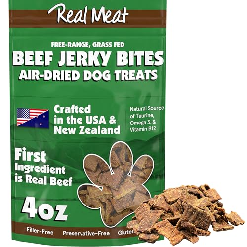 Real Meat Dog Treats - 4oz Bag of Bite-Sized Air-Dried Beef Jerky for Dogs - Grain-Free Jerky Dog Treats Made up of 95% Human-Grade, Free-Range, Grass Fed Beef - All-Natural High Protein Dog Treats