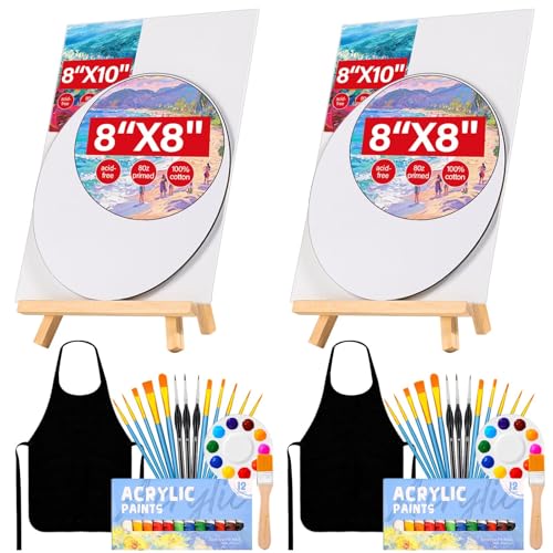 Date Night Painting Kit 62 Pcs Detail Paint Brushes Canvas Panels with Wood Easel 12 Colors Acrylic Paint Circular Canvas Art Aprons Sip and Paint Supplies for Adults Kids and Beginner