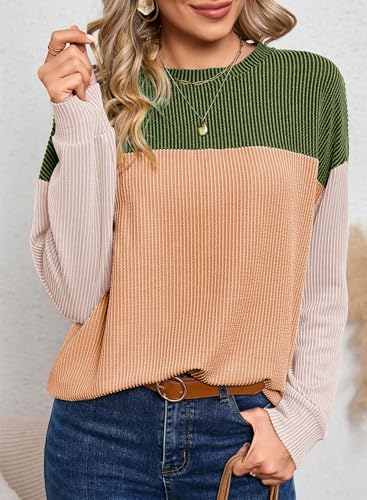 Image of Dokotoo Womens Tops Fashion 2026 Color Block Long Sleeve Shirts for Women Crewneck Knitted Casual Loose Blouses
