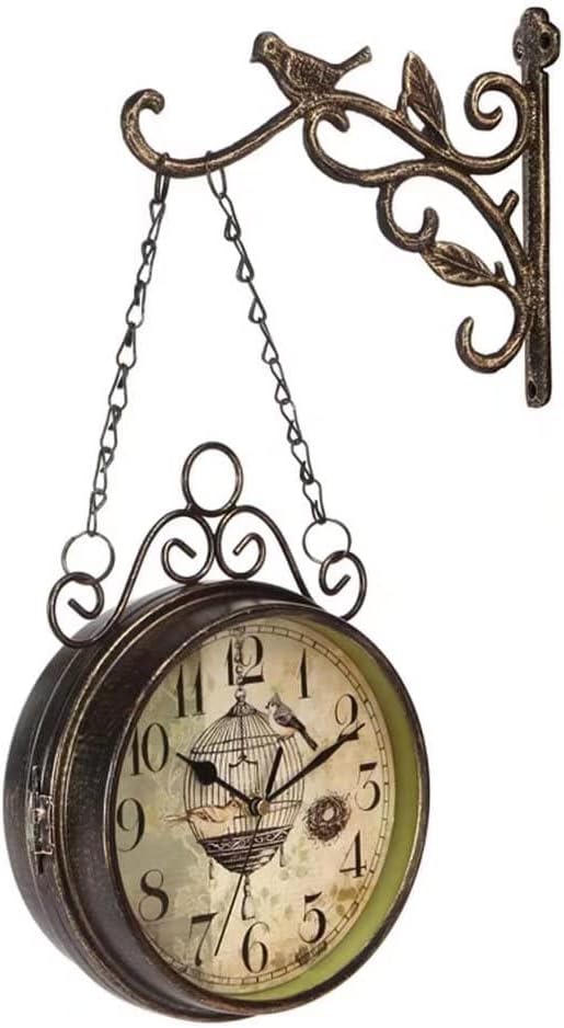 Retro Double Sided Clock Waterproof Outdoor Clock Vintage Two Faces Innovative Classic Wall Hanging Clocks with Bird Finial, Quiet Quartz Antique Round Clock