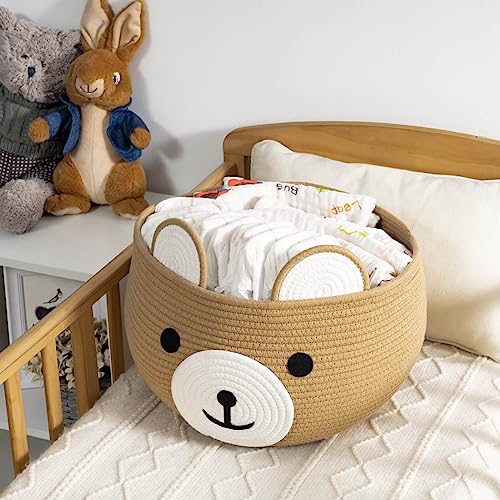Image of CherryNow Baby Basket for Newborn, Empty Baskets for Gift, Medium Animal Basket for Toy Clothes Towel, Woven Rope Bear Baskets for Kids, Brown, 15.7 inchD x 10.5 inchH