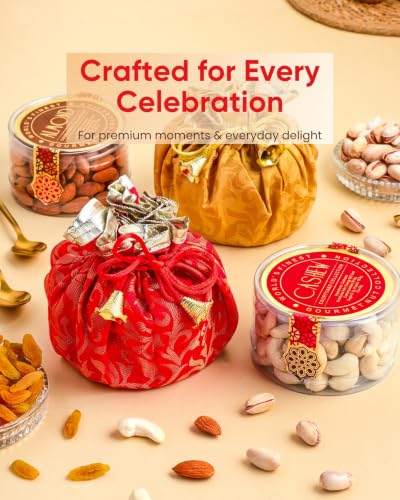 Image of Hyperfoods Rakhi Gift Hamper for Brother Rawfruit's Handcrafted Potli Pack of 4 Cashew Almond Pistachios Raisins 495 Grams with Thali DryFruits Combo Pack Dry Fruits Gift Pack Rakhi with DryFruits