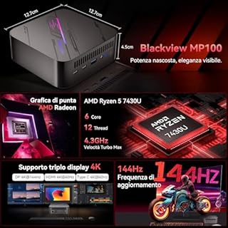 Blackview MP100 Mini PC Ryzen 7430U, 144Hz 4K 3 Display Desktop PC, Radeon Graphics, 16GB RAM 512GB PCIE 3.0, Win 11 Pro, 3 anni di garanzia, Wi-Fi 6/BT 5.2, Micro Computer per casa/gioco/ufficio