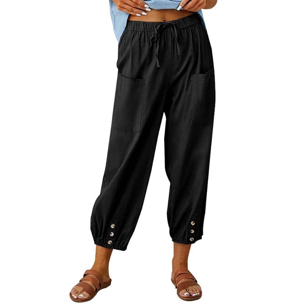 Cotton Pants for Women Casual Plus Size High Waist Drawstring Button Capris with Pockets for Women