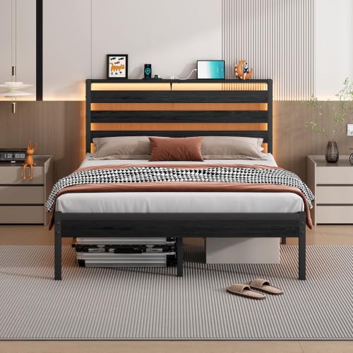 Image of CLIBFENG 14 Inch Classic Metal Platform Bed Frame-Queen Size Bed Frame with Headboard,Steel Slats Support-LED Bed Frame with USB Charging Station,Under Bed Storage,No Box Spring Needed,Noise Free