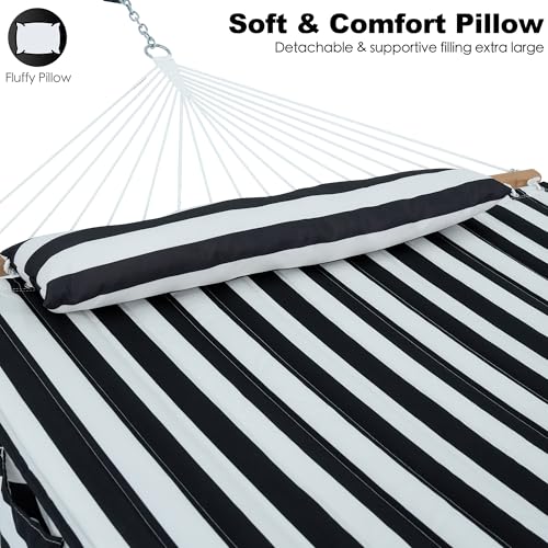 Image of GAFETE Hammock 2 Person Quilted Fabric Hammocks for Outside, Double 12ft Hammocks with Spreader Bar, Large Removable Pillow, Storage Bag, Carabiners, Max 475 lbs Capacity (Black White)