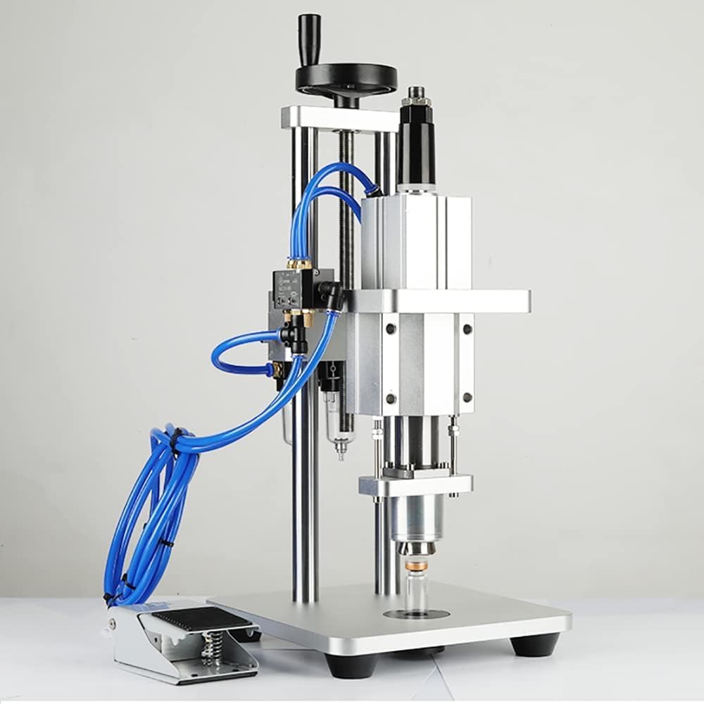 Máquina taponadora para viales de vidrio, neumática semiautomática con altura ajustable e interruptor de pie, ideal para tapas de aluminio y plástico