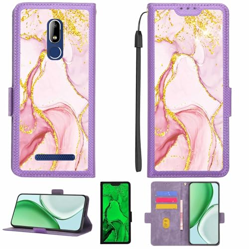 Aroepurt Case Compatible for Corn C5 Phone Case Flip Cover [with Tempered Glass Screen Protector][RFID Blocking][Gold Glitter+Luminous] LPT-FDL