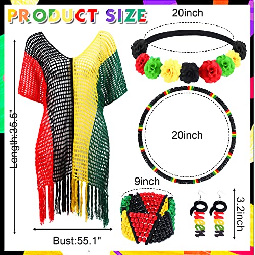 5 Pcs Jamaican Cover Ups Women African Beach Accessories Set Rainbow Crochet Dress Jamaican Outfits for Summer Boho Jewelry3