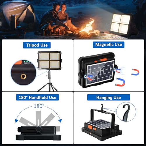 MASMEJOR 100W LED Baustrahler Akku mit Solar 10000LM Tragbare Arbeitsleuchte, 12000mAh LED Strahler Akku, 4 Lichtmodi, Campinglampe Tragbar Ideal für Camping, Arbeit, Angeln, Garage