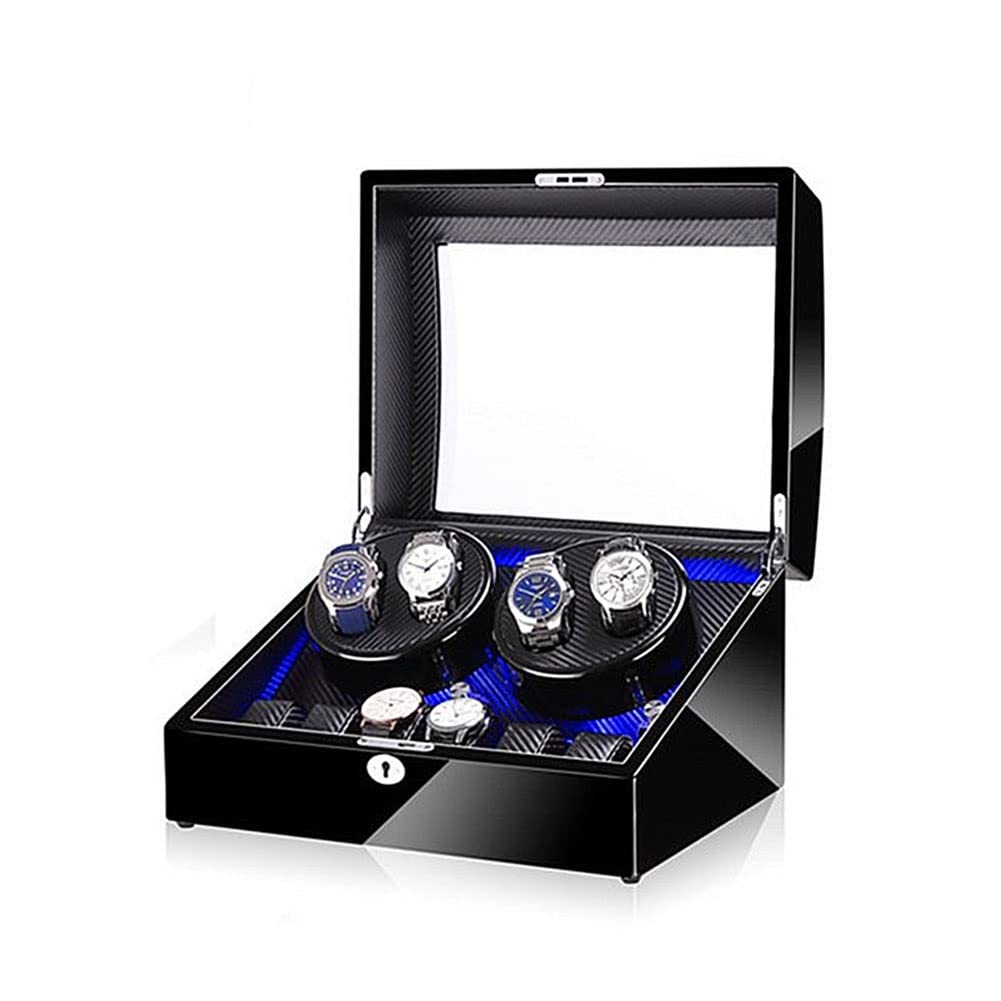 CGCSYZ Automatic Watch Winder Box With 4 Watch Winder Positions And 6 Display Storage Spaces Quiet Motor Carbon Fibre Interior 5 Rotation Modes LED Light Wood Shell Piano (Svart)