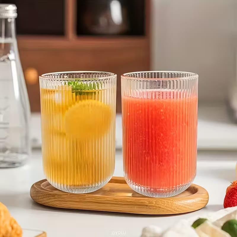 Image of PrimeWorld U-Shaped Ribbed Glass Cups - Stackable Elegant Ripple Vintage Drinking Glassware, 450ml - Set of 6 | Ideal for Iced Coffee, Cocktail, Whiskey, Juice, Beer & Gifts