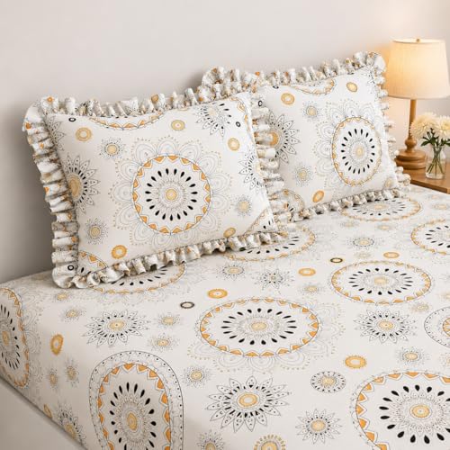 Image of 350 TC Premium Heavy Cotton Feel Elastic Fitted Bedsheet King Size with 2 Frill Pillow Covers King Size || Double Bed with All Around Elastic (White Gola, Queen)
